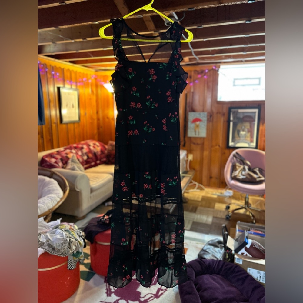 EXPRESS black lace cold shoulder floral long dress